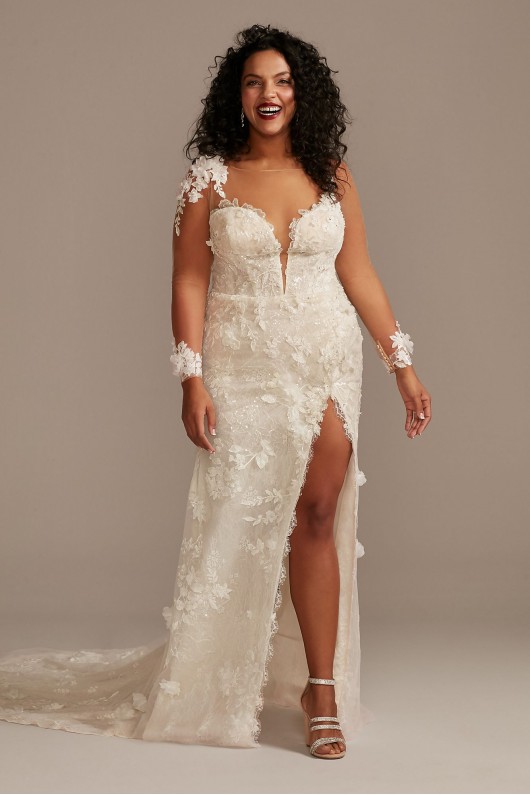 3D Floral Plus Size Wedding Dress with High Slit  9MBSWG886