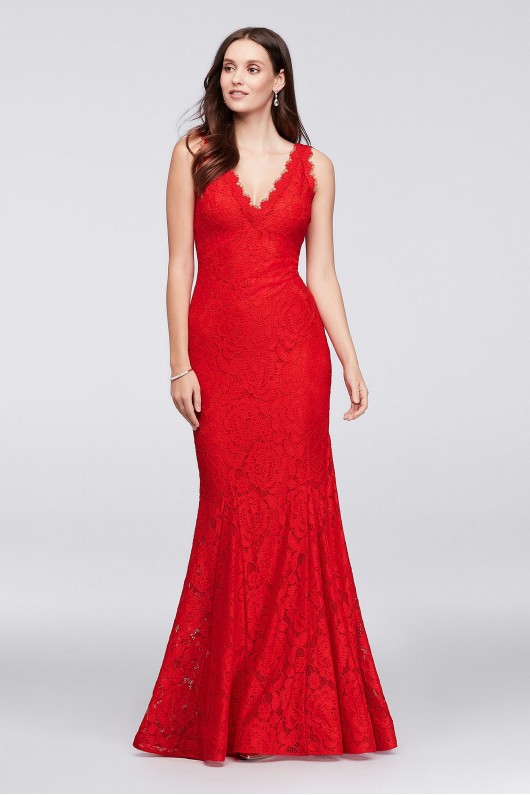 Allover Lace V-Neck Gown with Eyelash Trim Betsy and Adam A18710