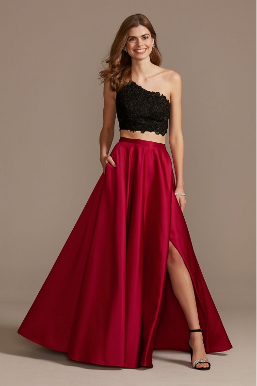 Asymmetric Lace Crop Top and Satin Split Skirt Set  WBM1795RW