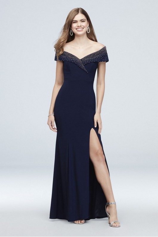 Beaded Jersey Off-the-Shoulder Dress with Lapel Xscape 841X