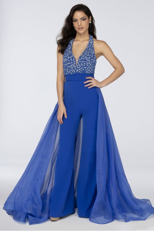 Embellished Halter Jumpsuit with Organza Overskirt Terani Couture 1912P8208