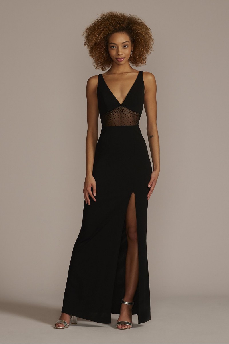 Jules and Cleo floor length crepe Gown with Beaded mesh Detail