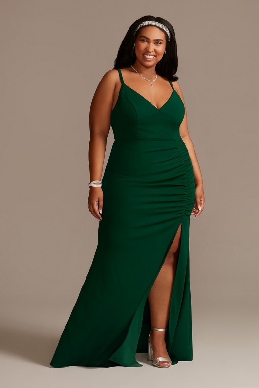 Plus Size Crepe Spaghetti Strap Gown with Ruching Emerald Sundae ABFP3405600