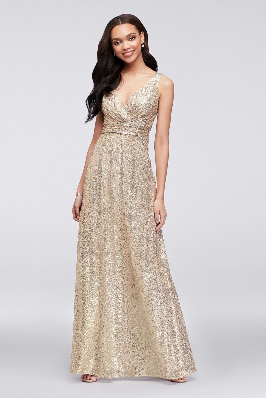 Sequin V-Neck Bridesmaid Dress with Satin Piping  F19787