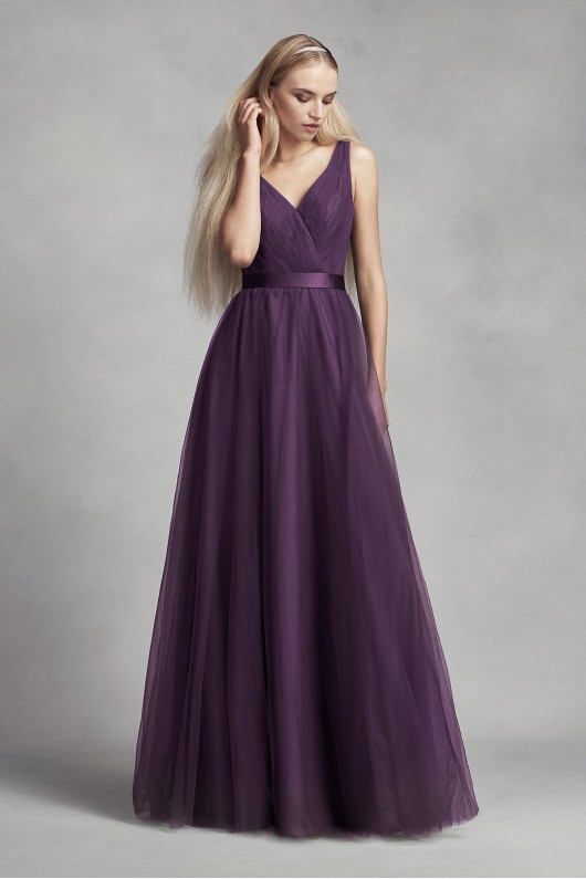 Tulle Surplice Bridesmaid Dress with Lace Back VW360322