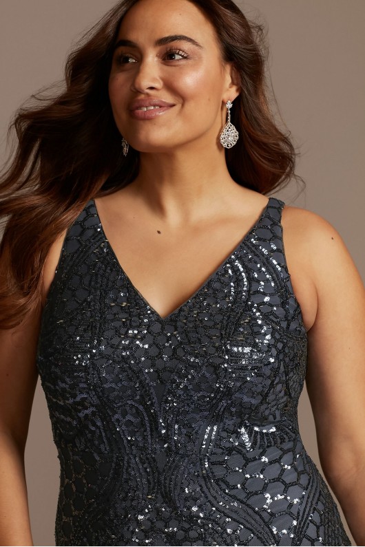 V-Neck Sequin Tank Plus Size Dress with Insets Morgan and Co 21685DW